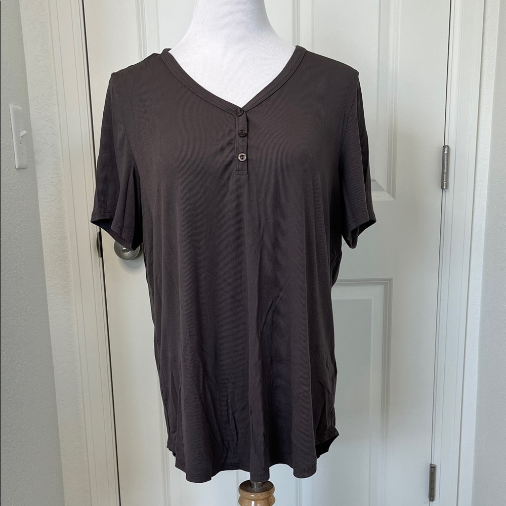 LuLaRoe Bailey Gray Ribbed Y Neck Henley Top XL 16-18